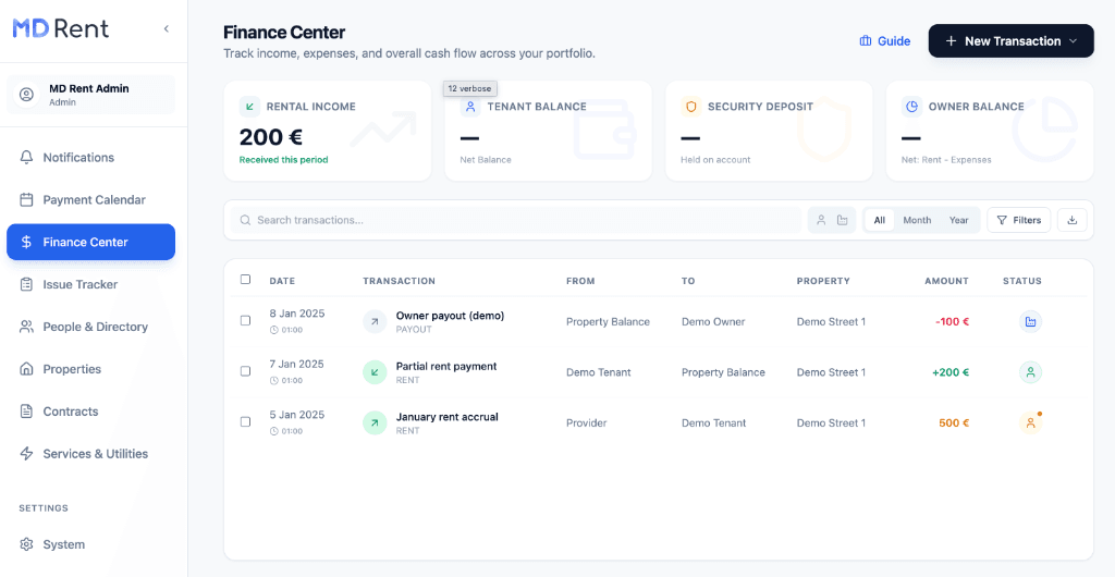 MD Rent Dashboard Interface
